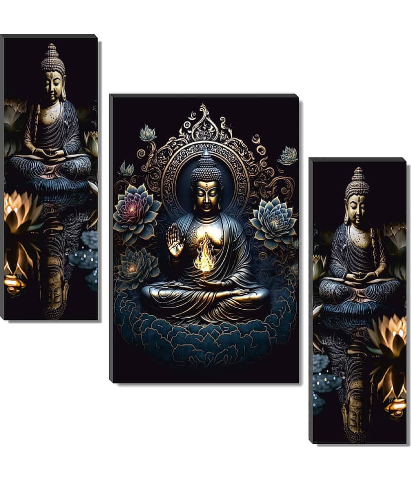 SAF Set of 3 Royal Buddha Wall Painting with Lotus Flame | Golden Aura Spiritual Art