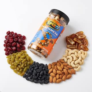 Spizo Panchmeva Dry Fruits Mix, 50g I Fit for Fasting | Healthy Snacks Mixed Nuts Contains Almonds, Cashews, Dates, Black Raisin, Green Raisin and Cranberries