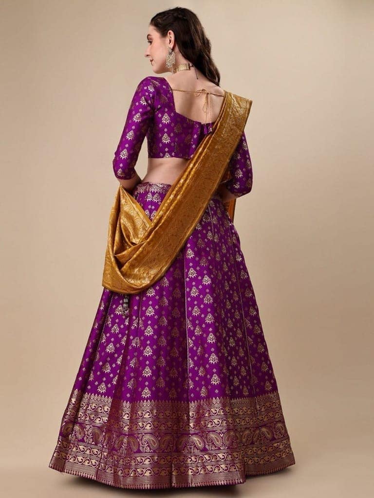 Purple Brocade Fabric Lehenga & Unstitched Blouse With Dupatta view 2