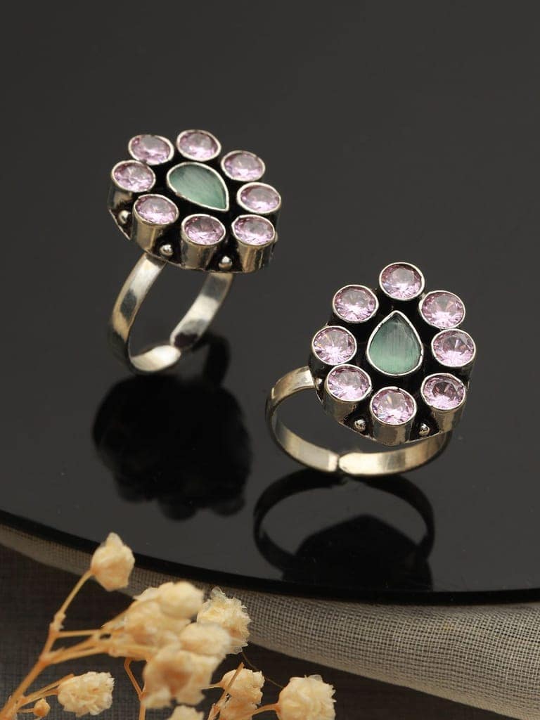 Set of 2 Silver Oxidised Pink AD Studded Floral Toe Rings view 2
