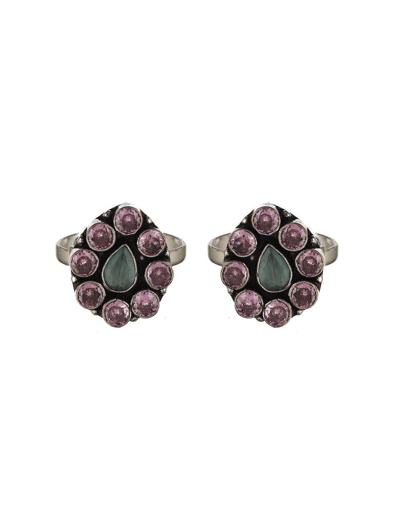 Set of 2 Silver Oxidised Pink AD Studded Floral Toe Rings view 3