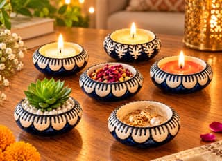 DHRUVINSRI Handmade Ceramic Diya & Tealight HolderI Reusable, Ecofriendly | Decorative Multi-Purpose Festive Home Decor-6 Pc