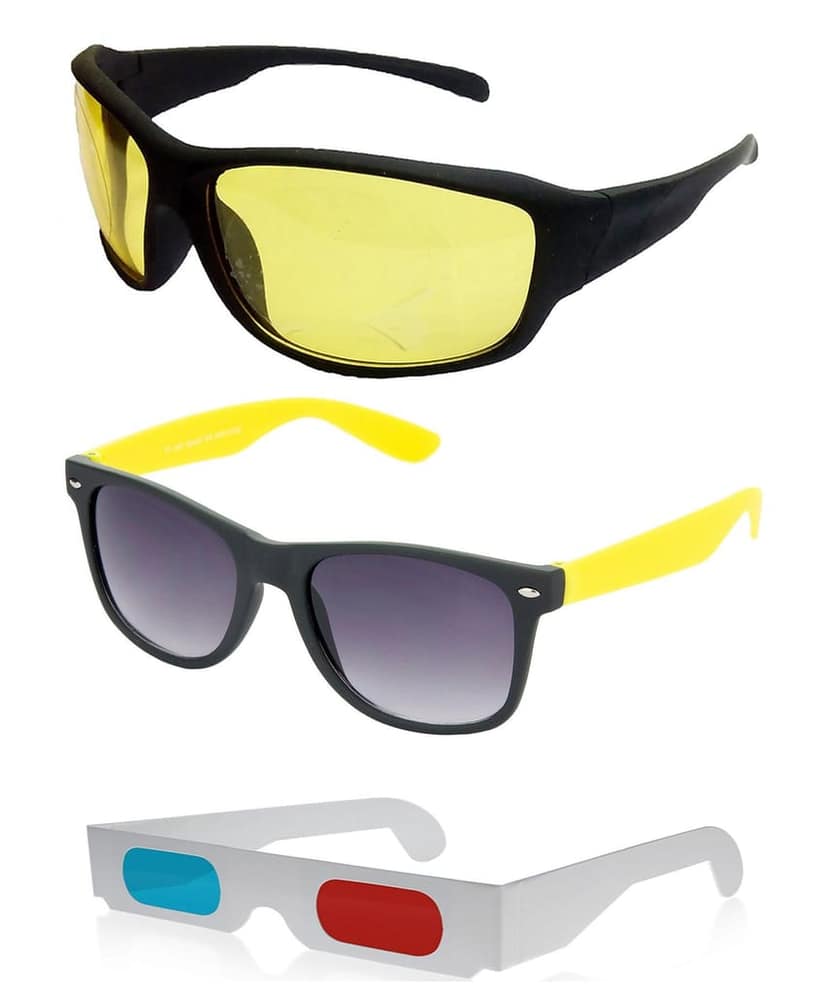 HRINKAR Sport And Rectangular Stylish Sunglasses For Men And Women (Yellow And Grey Lens | Black And Black Frame - HCMB364) With Free Paper 3D Glass
