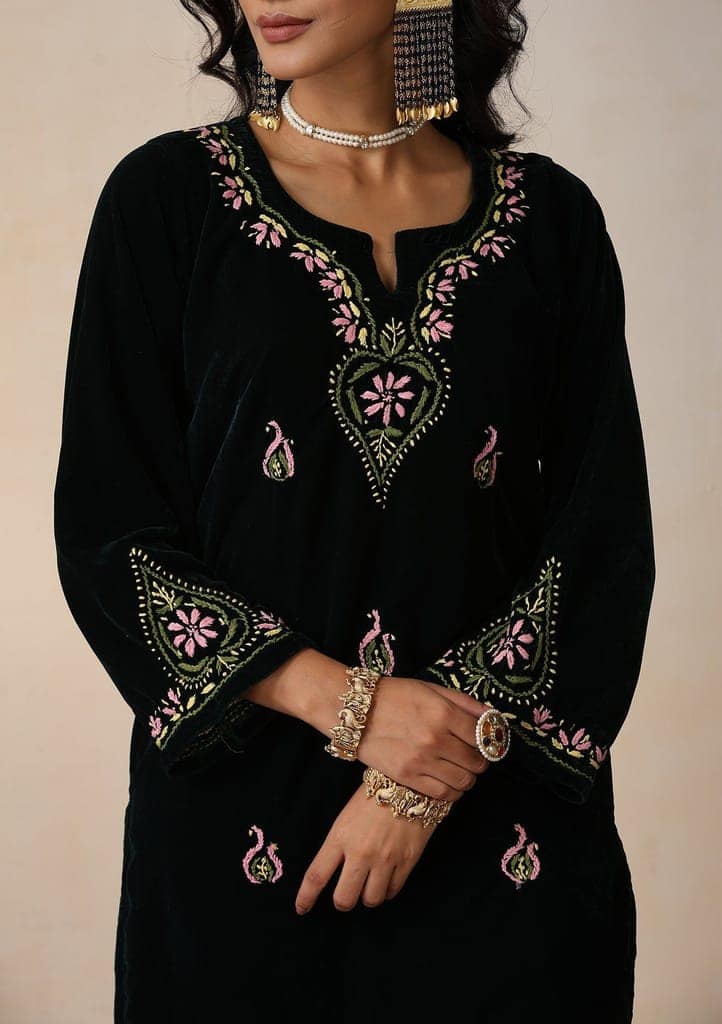 Velvet Chikankari Solid Women's 2 PC Long Kurta Set - Green view 2