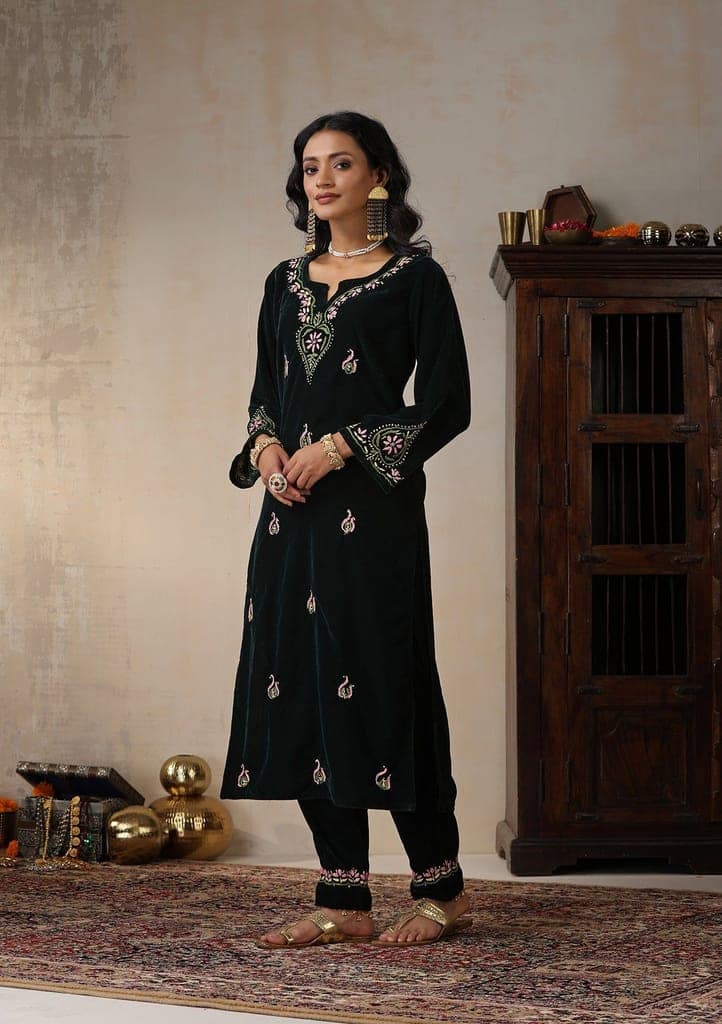 Velvet Chikankari Solid Women's 2 PC Long Kurta Set - Green view 3
