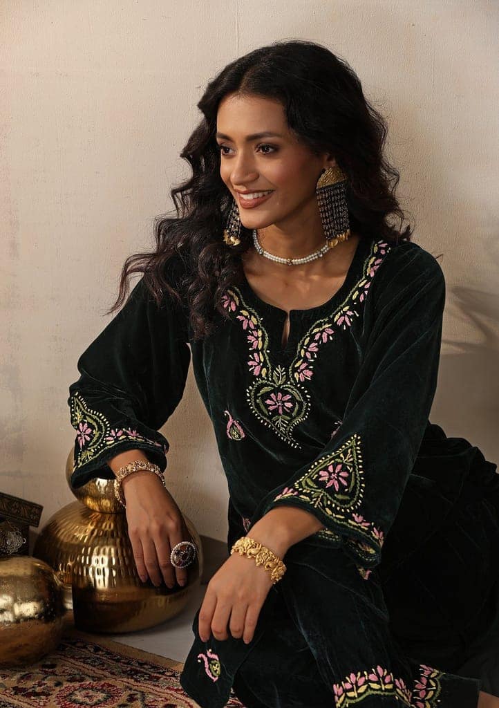 Velvet Chikankari Solid Women's 2 PC Long Kurta Set - Green view 4
