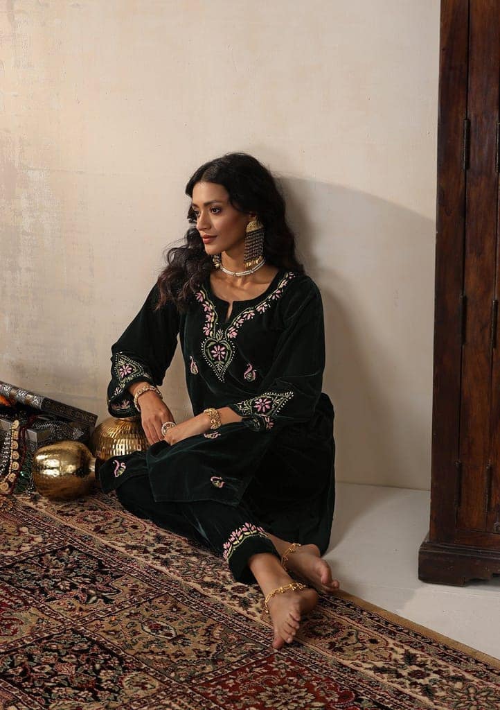 Velvet Chikankari Solid Women's 2 PC Long Kurta Set - Green view 5