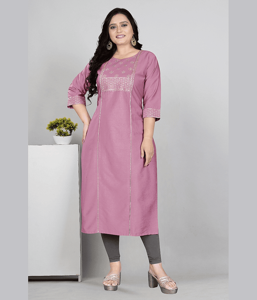 RIAANA Women Cotton Silk Zari Embroidered A-line Kurti ( Pink )