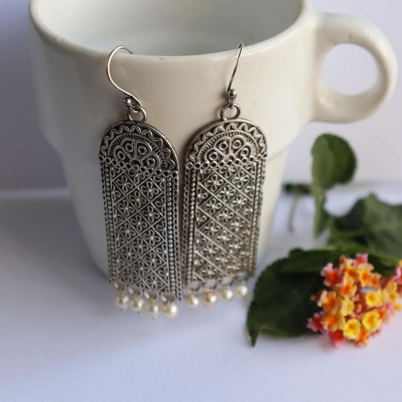iha Elegant |Trendy Oxidized Dangler Earrings with Faux Pearls| Earrings for Women and Girls view 3