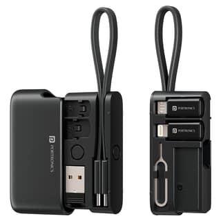 Portronics Snapcase Ultra Adapter, featuring an 8-pin adapter, Micro USB adapter, SIM card slots, Micro SD card holder, and SIM ejector pin in a compact and organized design - Black