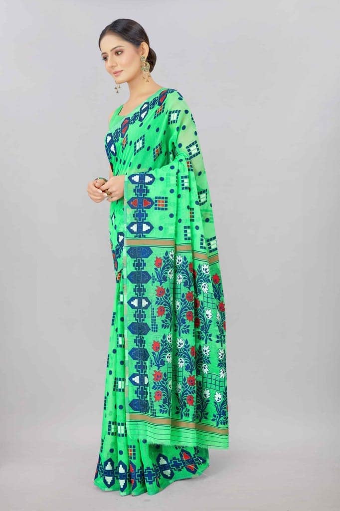 Green Woven Jamdani Cotton Silk Saree view 2
