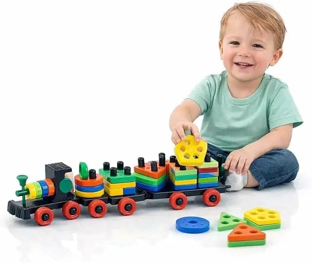 Shape Sorting Train Toy with Stacking Blocks for Kids, Colorful Geometric Pieces, Preschool Educational Toy for Hand Eye Coordination view 3