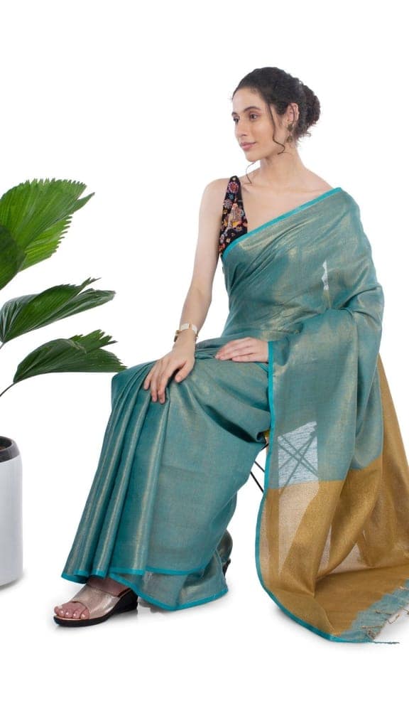 Tissue Linen Saree Gumbo Green Color with Gold Shimmer contrast pallu and running blouse-3074
