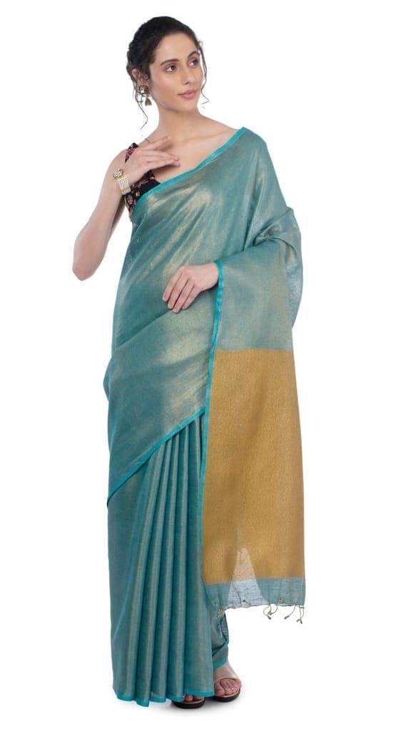 Tissue Linen Saree Gumbo Green Color with Gold Shimmer contrast pallu and running blouse-3074 view 2