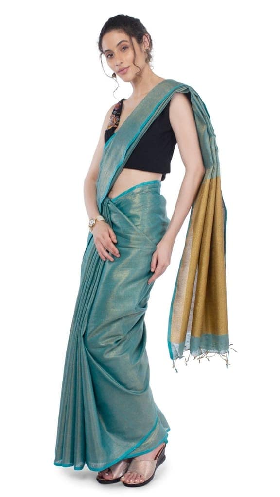 Tissue Linen Saree Gumbo Green Color with Gold Shimmer contrast pallu and running blouse-3074 view 4