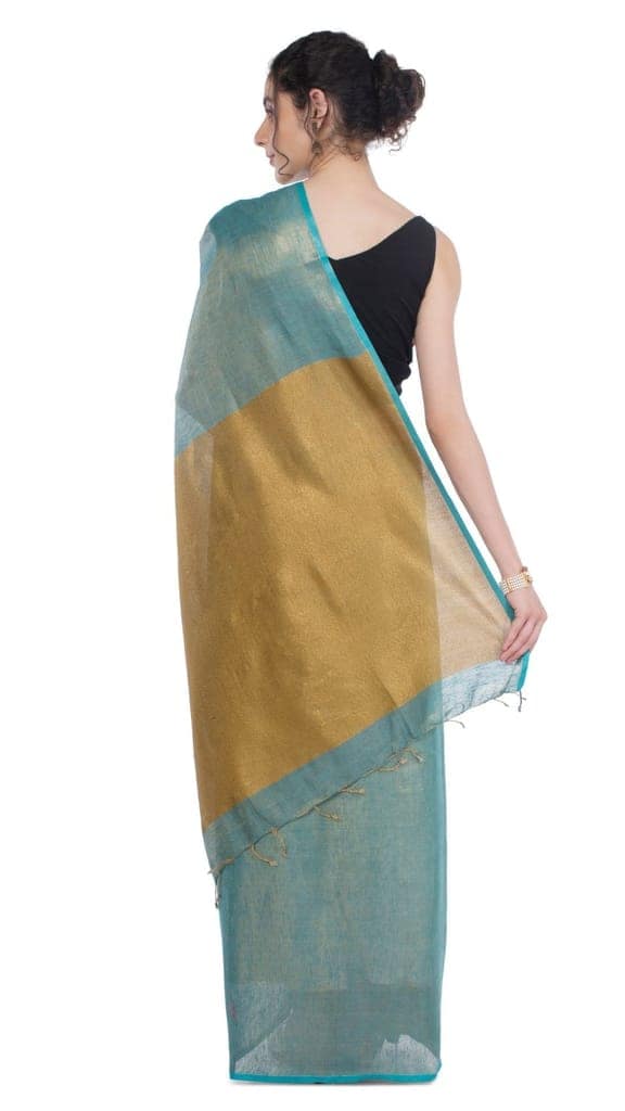 Tissue Linen Saree Gumbo Green Color with Gold Shimmer contrast pallu and running blouse-3074 view 5