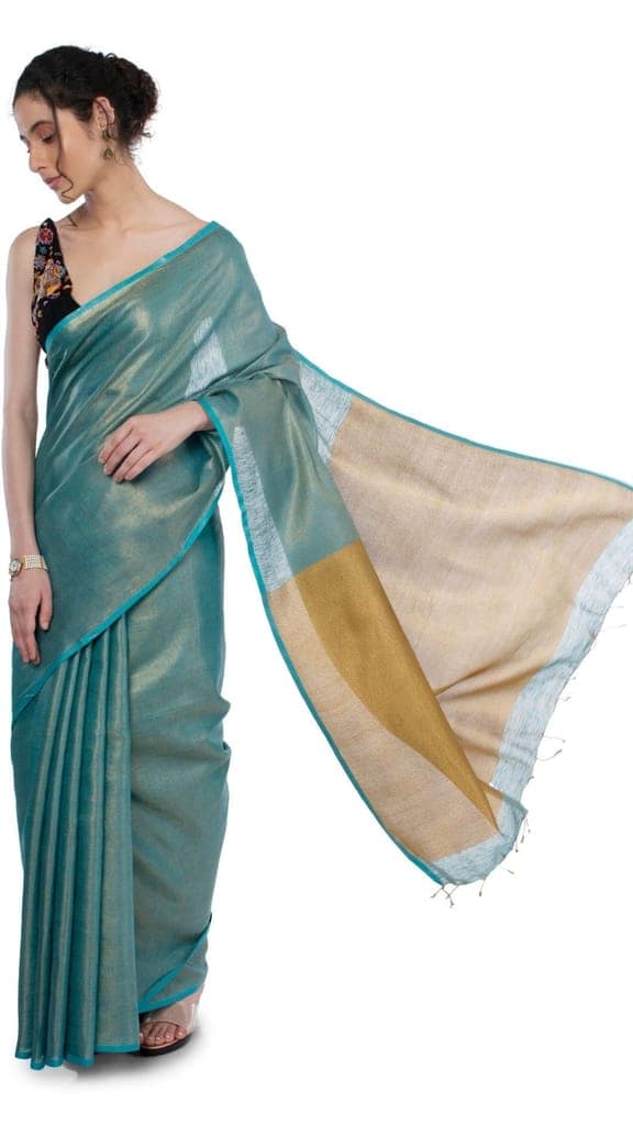 Tissue Linen Saree Gumbo Green Color with Gold Shimmer contrast pallu and running blouse-3074 view 6
