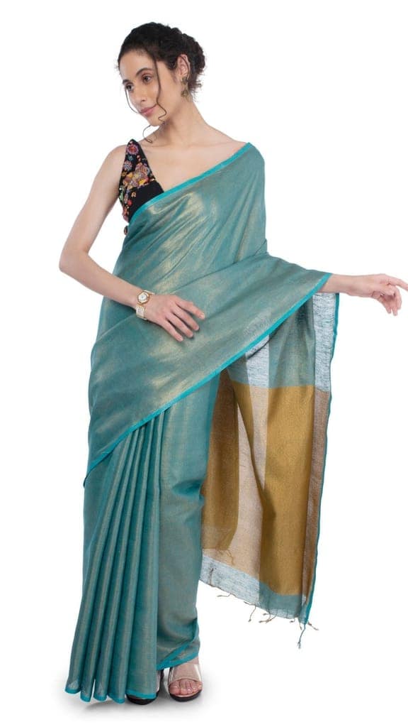 Tissue Linen Saree Gumbo Green Color with Gold Shimmer contrast pallu and running blouse-3074 view 7