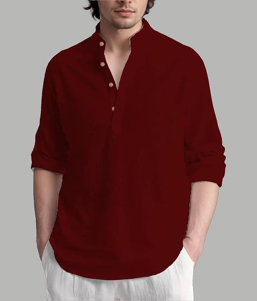 UNI VIBE Cotton Blend Plain Shirt Style Kurta For Men ( Magenta )
