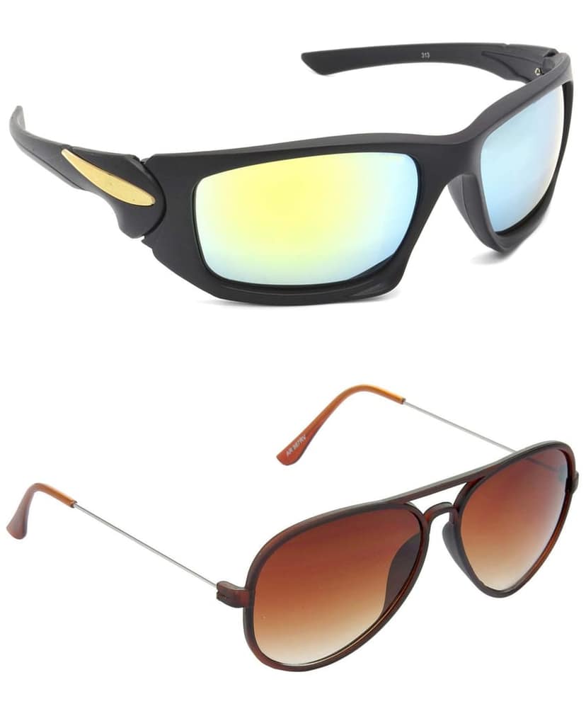Hrinkar Men's Rectangular Sports Sunglasses with Black & Brown Frame and Silver & Brown Lens (Medium) - Pack of 2