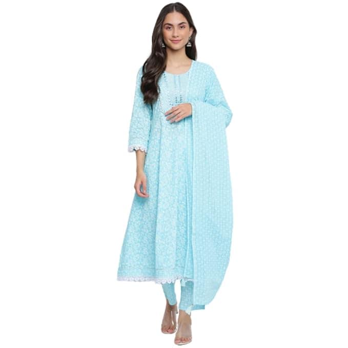 INDIAN KNOTS-Women sky blue and white Printed Pure Cotton Kurta with Palazzos & Dupatta_1101-DG1100101 view 4
