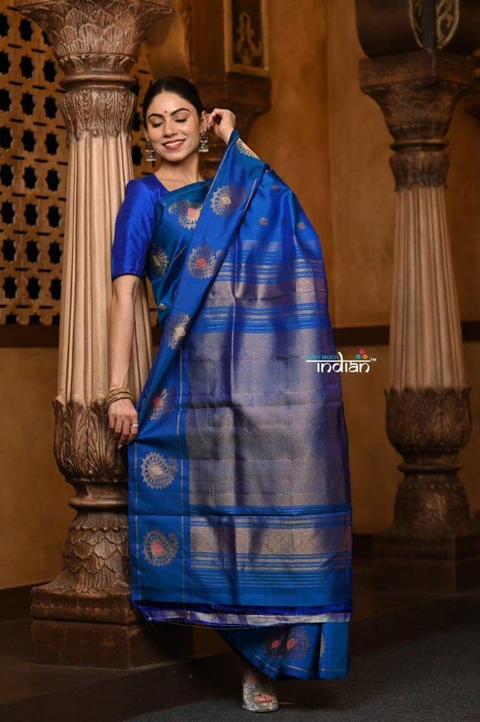 Parampara Revived ~ Gadwal Pure Silk Handloom Saree in Royal Peacock Blue view 2