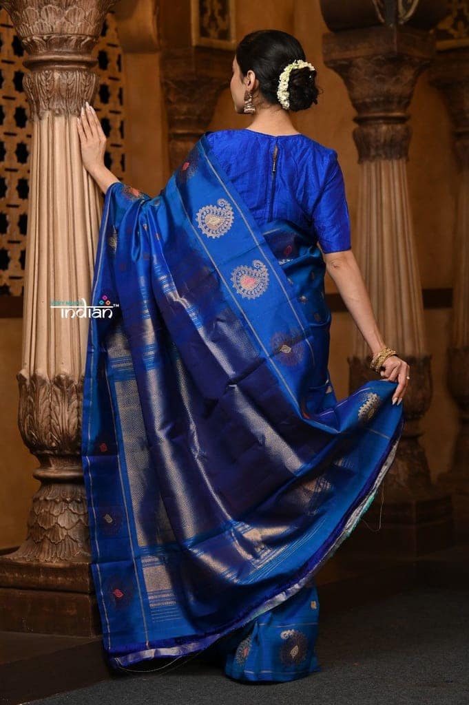 Parampara Revived ~ Gadwal Pure Silk Handloom Saree in Royal Peacock Blue view 3