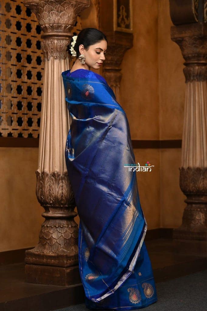 Parampara Revived ~ Gadwal Pure Silk Handloom Saree in Royal Peacock Blue view 4