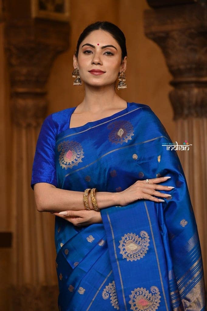 Parampara Revived ~ Gadwal Pure Silk Handloom Saree in Royal Peacock Blue view 5