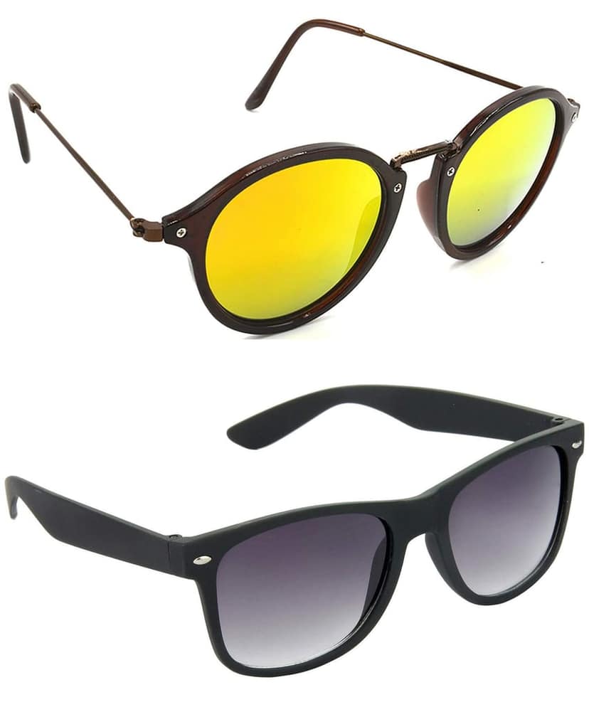 HRINKAR Unisex Round Sunglasses Brown & Black Frame, Golden & Grey Lens (Medium) - Pack of 2