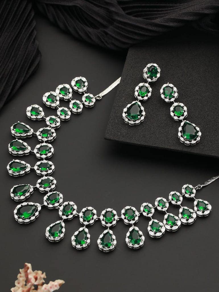 Silver Plated green CZ Studded Luxe Jewellery Set view 2