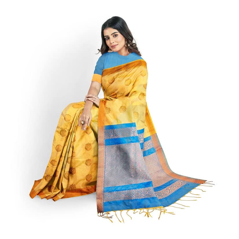 Yellow pure soft silk Saree With Floral Print and Ble Border view 2