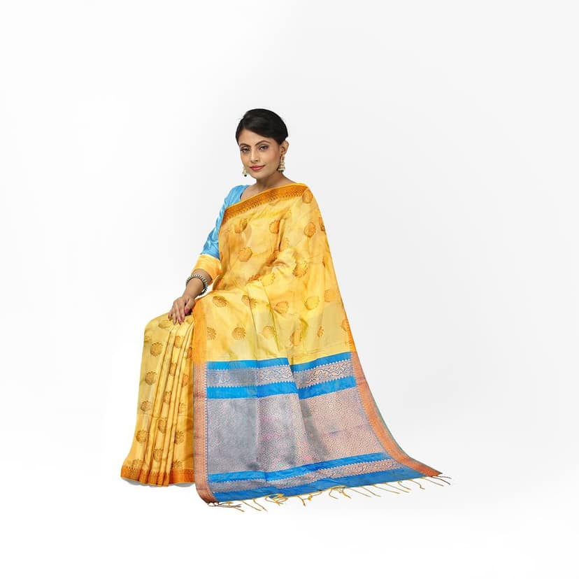 Yellow pure soft silk Saree With Floral Print and Ble Border view 3