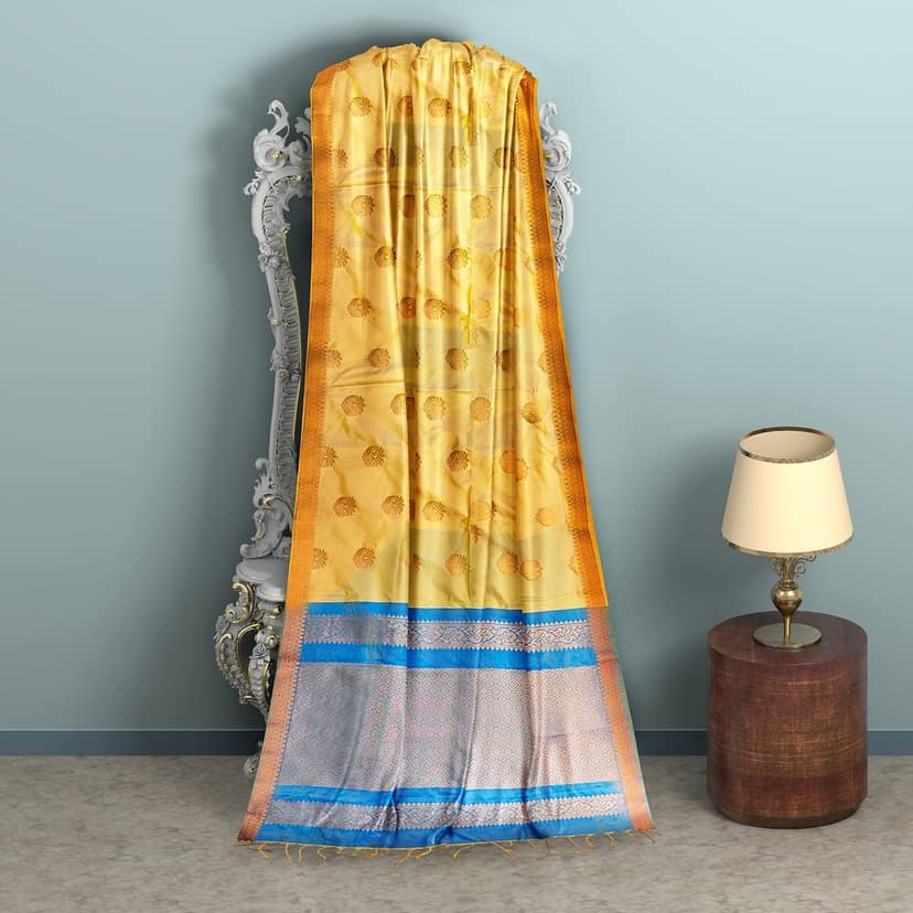 Yellow pure soft silk Saree With Floral Print and Ble Border view 6