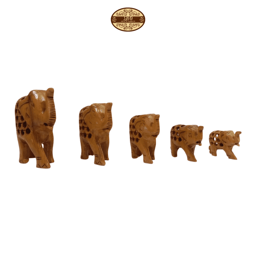Handcrafted Wooden Elephant Family Figurines, Set of 5, Jali Undercut Design - Smallest 3cm, Largest 8cm view 2