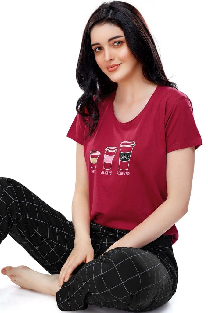 ZEYO Women's Cotton Green Checked Printed Stylish Night suit set