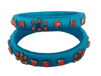 Teal Silk Thread Bangles with Red Stone Embellishments view 2