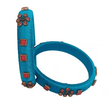 Teal Silk Thread Bangles with Red Stone Embellishments view 4