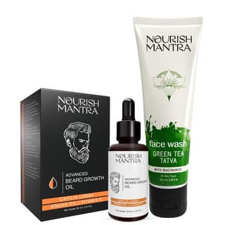 Nourish Mantras Mens Grooming Combo/ Advanced Beard Growth Oil (30ml)& Green Tea Face Wash (100ml)/ For Clean Healthy Skin & Fuller Thicker & Healthier Beard Growth/ All Skin Types