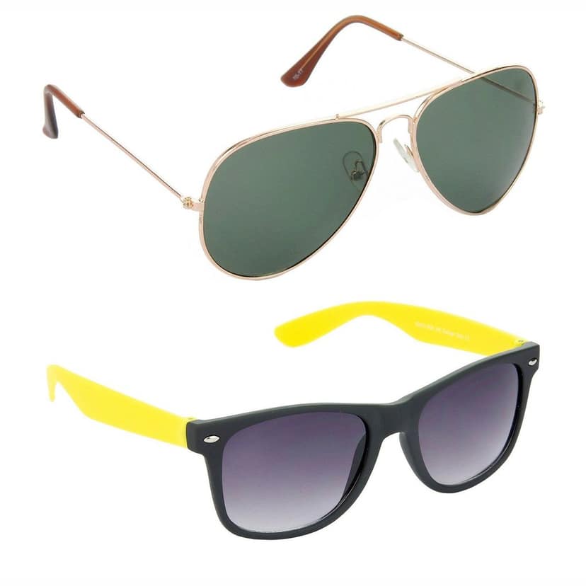 HRINKAR Men Women Boys & Girls Pilot & Rectangular Sunglasses Golden & Yellow Frame, Green & Grey Lens (Medium) Pack of - 2