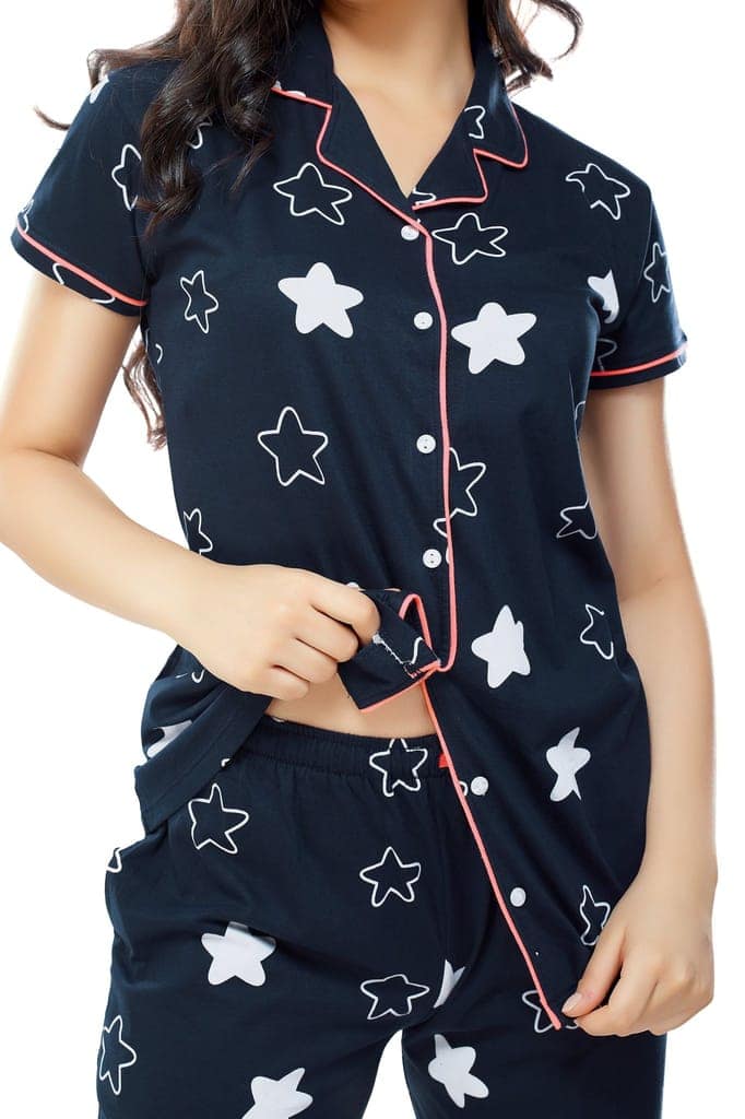 ZEYO Women's Cotton Navy Blue & Green Star Printed Stylish Night suit set view 2