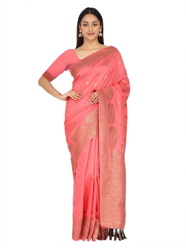 Women's Pink Woven Design Soft Silk Saree