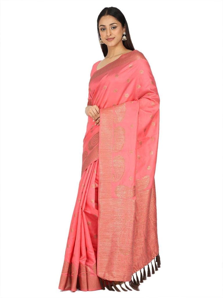 Women's Pink Woven Design Soft Silk Saree view 3