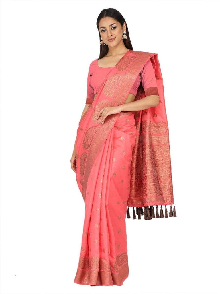 Women's Pink Woven Design Soft Silk Saree view 4