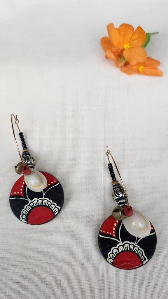 Handmade Wooden Earrings with Red and Black Ethnic Design