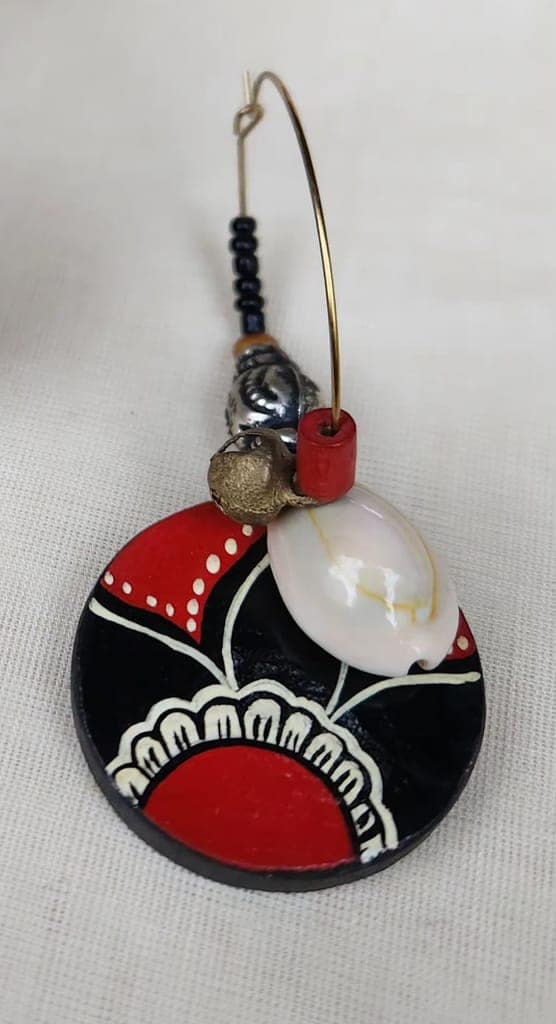 Handmade Wooden Earrings with Red and Black Ethnic Design view 3
