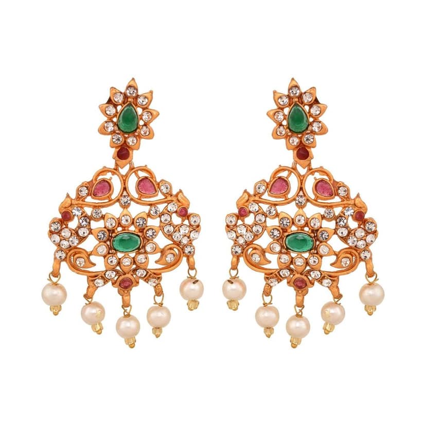 Gold Plated Green stone studded Pearl beaded Handcrafted Temple Jewellerey Set view 2