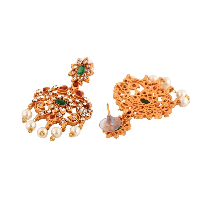 Gold Plated Green stone studded Pearl beaded Handcrafted Temple Jewellerey Set view 3