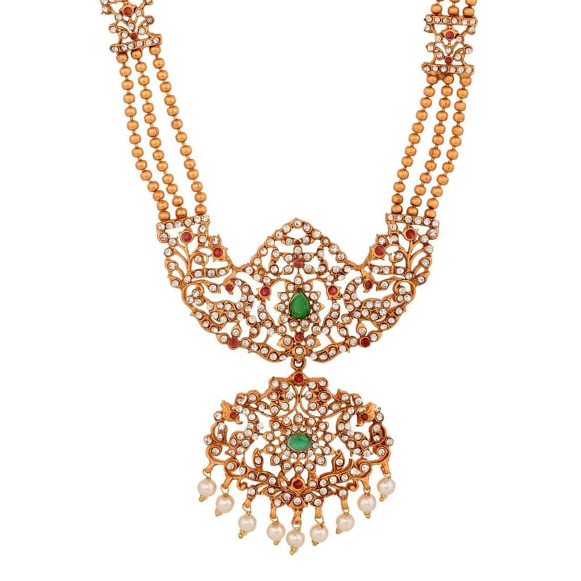 Gold Plated Green stone studded Pearl beaded Handcrafted Temple Jewellerey Set view 4