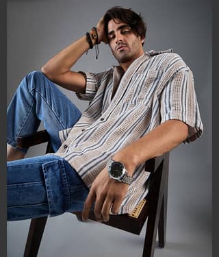Chimpaaanzee Cotton Blend Oversized Fit Striped Half Sleeves Men's Casual Shirt - Beige ( Pack of 1 )